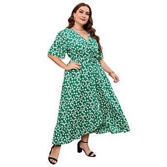 Plus Size Women's V-neck Waist Strap Ruffle Edge Irregular Hem Printed Dress