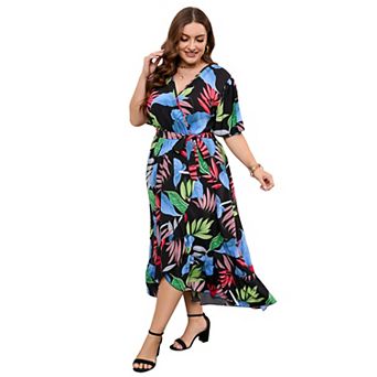 Plus Size Women's V-neck Waist Strap Ruffle Edge Irregular Hem Printed Dress