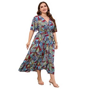 Plus Size Women's V-neck Waist Strap Ruffle Edge Irregular Hem Printed Dress