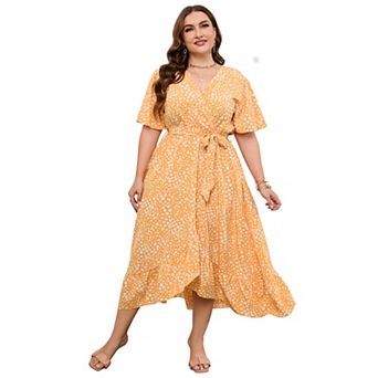 Plus Size Women's V-neck Waist Strap Ruffle Edge Irregular Hem Printed Dress