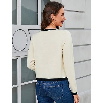 Women Color Block Cardigan Long Sleeve Button Down Knitted Sweater
