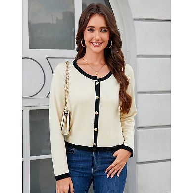 Women Color Block Cardigan Long Sleeve Button Down Knitted Sweater
