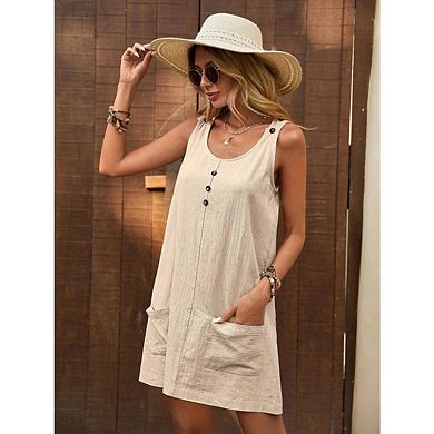 Women's Summer Dresses Solid Color U-Neck Button Sleeveless Shirt Style Tank Dresse Mid Length