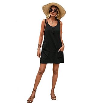 Women's Summer Dresses Solid Color U-Neck Button Sleeveless Shirt Style Tank Dresse Mid Length