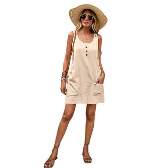 Women's Summer Dresses Solid Color U-Neck Button Sleeveless Shirt Style Tank Dresse Mid Length