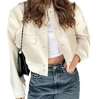 Womens Cropped Bomber Jacket Button Down Varsity Jackets Shackets with Pockets