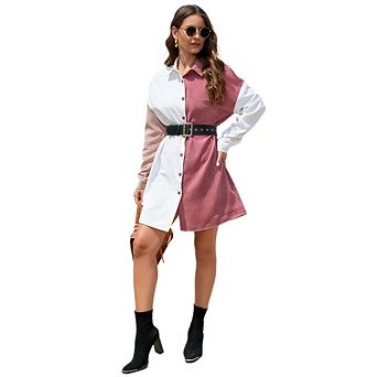 Women Corduroy Shirt Dress Causal Dressy Color Block Button Down Collar Loose Long Sleeve Fall Dress
