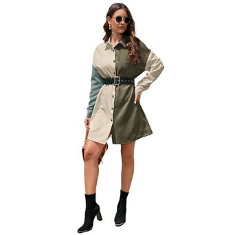 Women Corduroy Shirt Dress Causal Dressy Color Block Button Down Collar Loose Long Sleeve Fall Dress