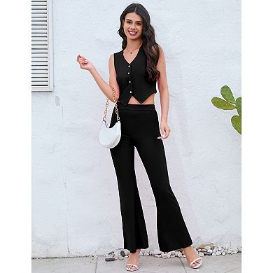 Women's 2 Piece Outfit Sleeveless Button Down Vest Flared Pants Set