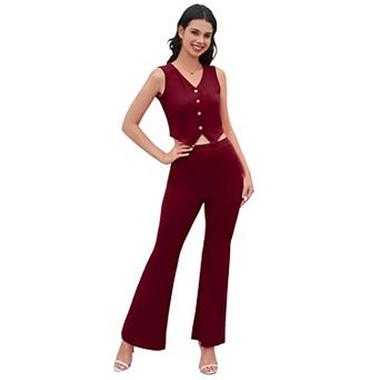 Women's 2 pc Outfit Sleeveless Button Down Vest Flared Pants Set