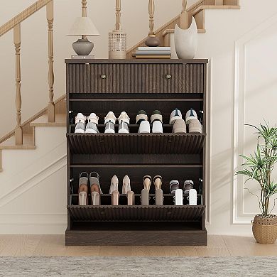 Shoe Cabinet with 2 Flip Drawers & 1 Top Drawer, Fluted Storage Cabinet with Adjustable Shelves