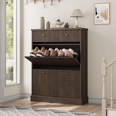 Shoe Cabinet with 2 Flip Drawers & 1 Top Drawer, Fluted Storage Cabinet with Adjustable Shelves