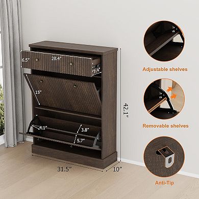 Shoe Cabinet with 2 Flip Drawers & 1 Top Drawer, Fluted Storage Cabinet with Adjustable Shelves