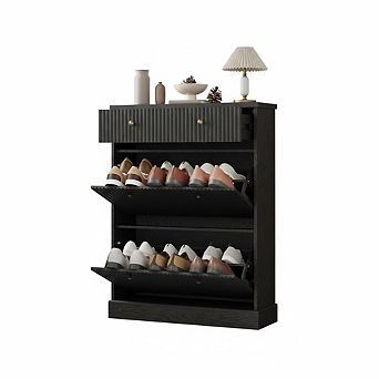 Shoe Cabinet with 2 Flip Drawers & 1 Top Drawer, Fluted Storage Cabinet with Adjustable Shelves