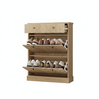 Shoe Cabinet with 2 Flip Drawers & 1 Top Drawer, Fluted Storage Cabinet with Adjustable Shelves