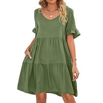 Womens Casual Tiered Midi Dress V Neck Ruffle Short Sleeve Loose Fit Dress with Pockets for Daily