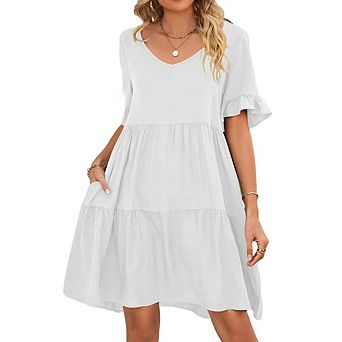 Womens Casual Tiered Midi Dress V Neck Ruffle Short Sleeve Loose Fit Dress with Pockets for Daily