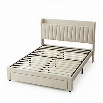 Upholstered Bed Frame with Storage Drawers Charging Station
