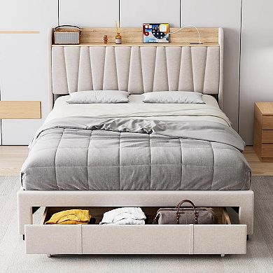 Upholstered Bed Frame with Storage Drawers Charging Station