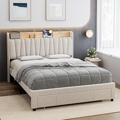 Upholstered Bed Frame with Storage Drawers Charging Station