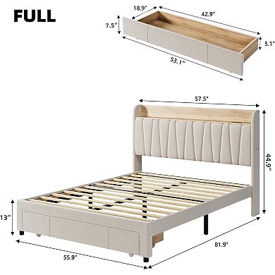 Upholstered Bed Frame with Storage Drawers Charging Station