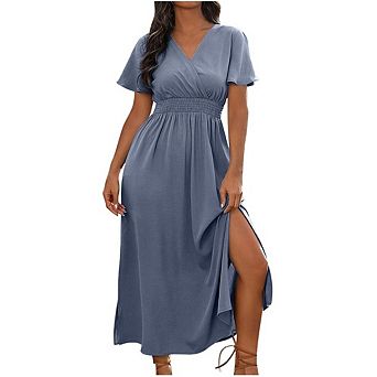 Women's Summer Dress V Neck Flared Short Sleeve Smocked Waist Split Hem Casual Dressy Dress