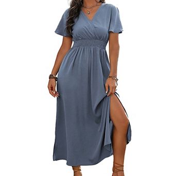 Women's Wrap V Neck Short Sleeve Maxi Dress Summer Smocked Waist Split Flowy Long Dresses