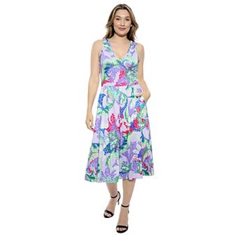 Women's 24Seven Comfort Apparel Abstract V-Neck Sleeveless Pleated Pocket Midi Dress