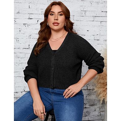 Women Plus Size Cropped Cardigan Sweater Button Down Lantern Long Sleeve Knit Top