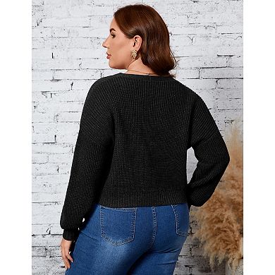 Women Plus Size Cropped Cardigan Sweater Button Down Lantern Long Sleeve Knit Top