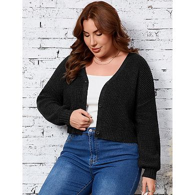 Women Plus Size Cropped Cardigan Sweater Button Down Lantern Long Sleeve Knit Top