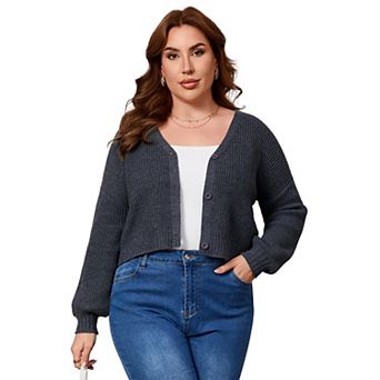 Women Plus Size Cropped Cardigan Sweater Button Down Lantern Long Sleeve Knit Top