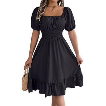 Womens Casual Dress Square Neck Puff Short Sleeve A-Line Smocked Waist Ruffle Hem Summer Midi Dress