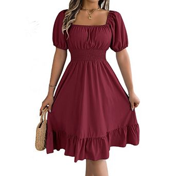Womens Casual Dress Square Neck Puff Short Sleeve A-Line Smocked Waist Ruffle Hem Summer Midi Dress
