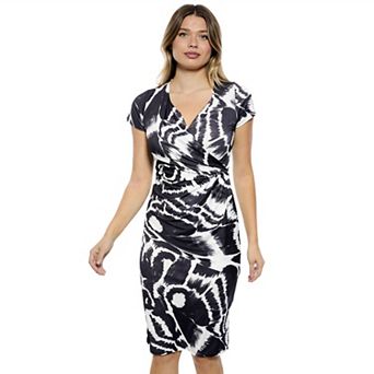Women's 24Seven Comfort Apparel Abstract V-Neck Short Sleeve Faux Wrap Dress