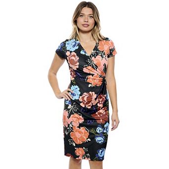 Women's 24Seven Comfort Apparel Floral V-Neck Short Sleeve Faux Wrap Dress