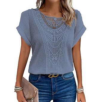 Womens Lace Spliced Short Sleeve T-Shirts Summer Tops Knit Hollow Out Blouses Shirts