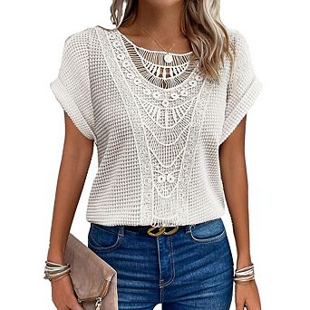 Womens Lace Spliced Short Sleeve T-Shirts Summer Tops Knit Hollow Out Blouses Shirts
