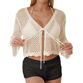 Womens Crochet Cover Up V Neck Tie Front Long Sleeve Knit Crop Cardigan for Swimwear Vacation