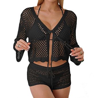 Womens Crochet Cover Up V Neck Tie Front Long Sleeve Knit Crop Cardigan for Swimwear Vacation