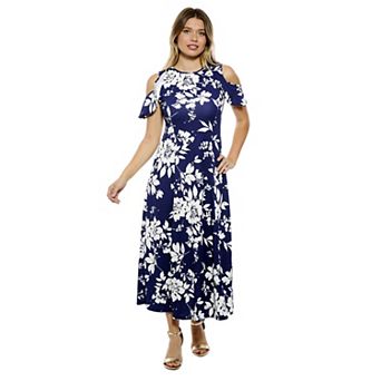Women's 24Seven Comfort Apparel Floral Ruffle Sleeve Cold Shoulder A-Line Maxi Dress