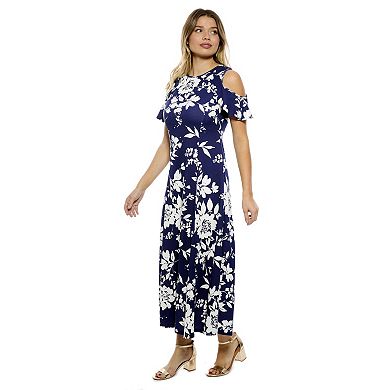 Women's 24Seven Comfort Apparel Floral Ruffle Sleeve Cold Shoulder A-Line Maxi Dress