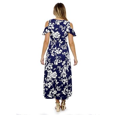 Women's 24Seven Comfort Apparel Floral Ruffle Sleeve Cold Shoulder A-Line Maxi Dress