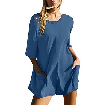 Women Athletic Oversized Romper Short Sleeve Jumpsuit with Pockets