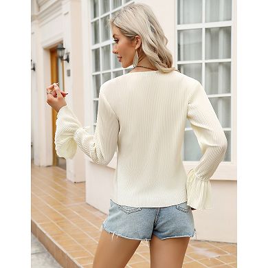 Women Tie Front Shirts Deep V Neck Long Sleeve Blouse