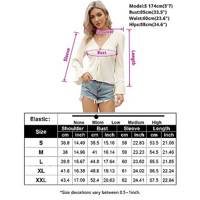 Women Tie Front Shirts Deep V Neck Long Sleeve Blouse