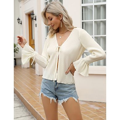 Women Tie Front Shirts Deep V Neck Long Sleeve Blouse