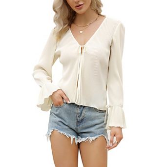 Women Tie Front Shirts Deep V Neck Long Sleeve Blouse