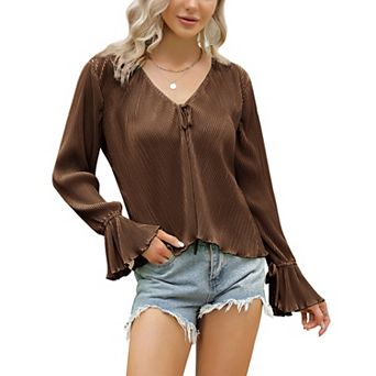 Women Tie Front Shirts Deep V Neck Long Sleeve Blouse
