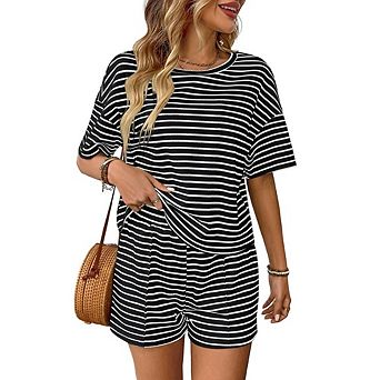 Women's 2 pc Set Striped Knit Crew Neck Short Sleeve Top and Shorts for Daily Lounge Athletic